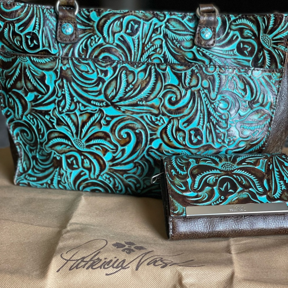 Turquoise and brown tooled purse and wallet